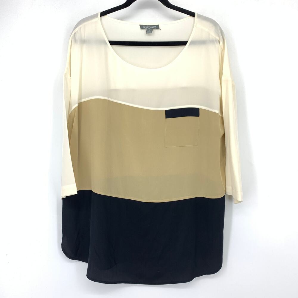 Go Silk Tunic Women XL Ivory Tan Black Colorblock Silk Blouse Oversized Pocket